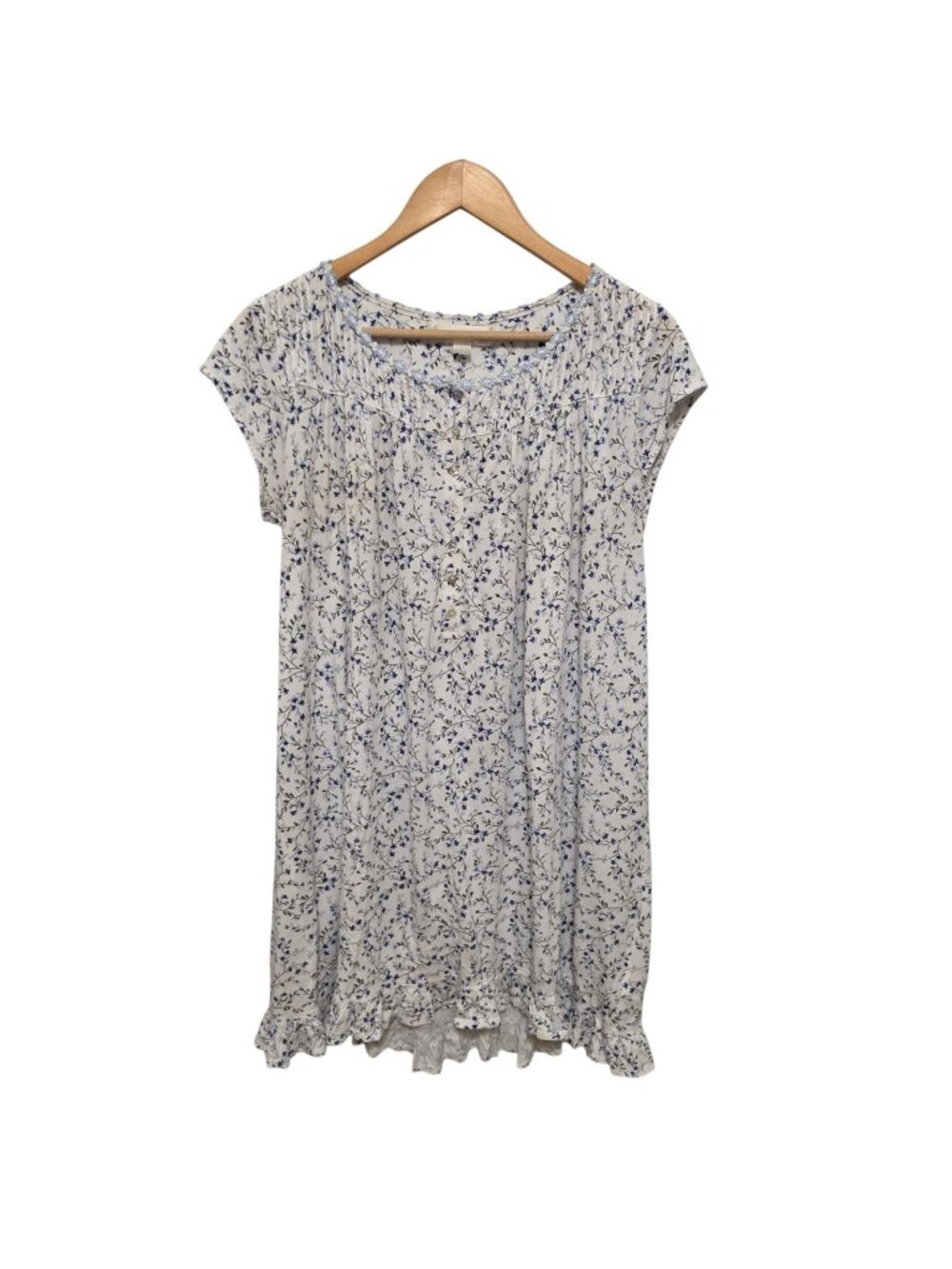 Eileen West Floral Henley Nightgown S Small Blue White Cotton Modal Cozy Soft